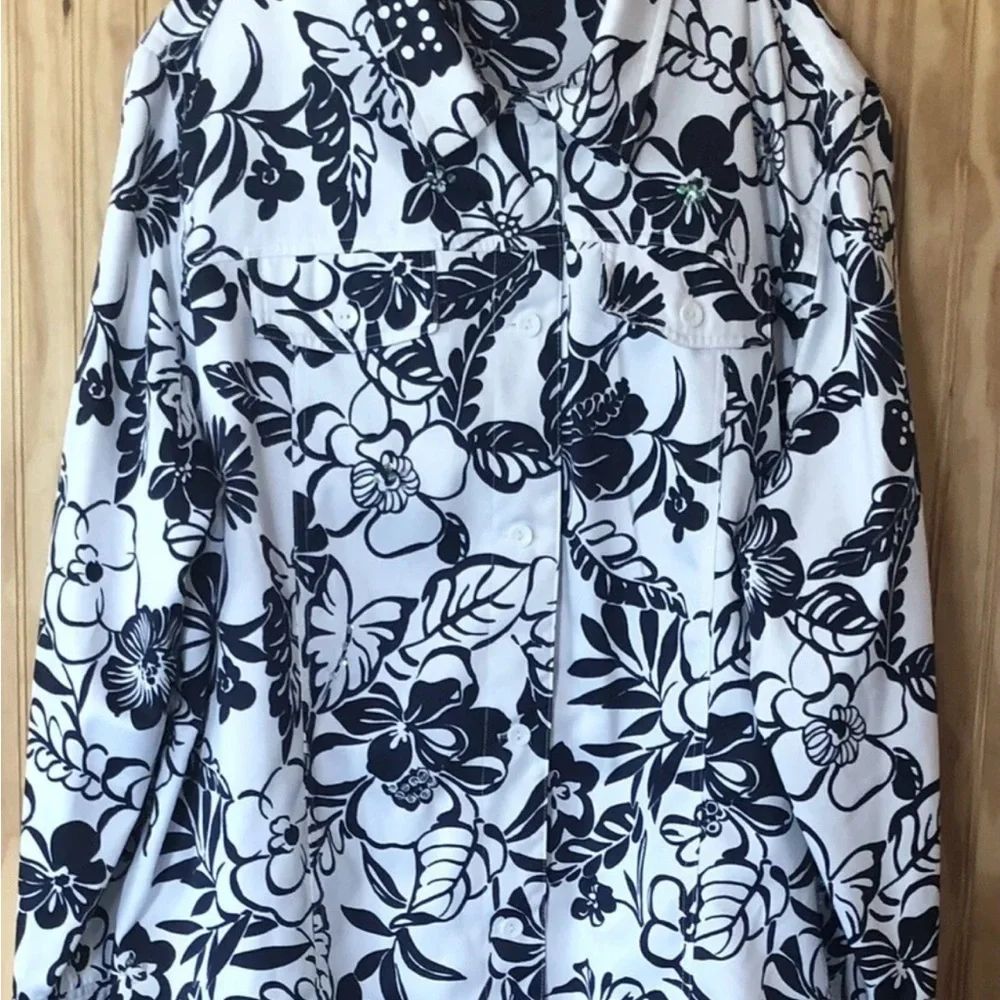 ALFRED DUNNER Sequin Jacket Womens 14 White Navy Blue Floral Shirt Shacket - Picture 1 of 9
